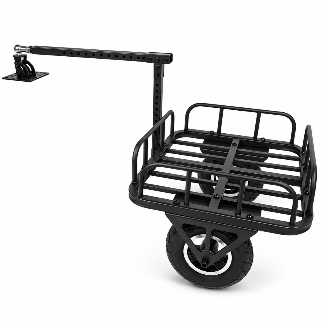 Black electric scooter cargo trailer with metal cargo platform and towing arm on a white background